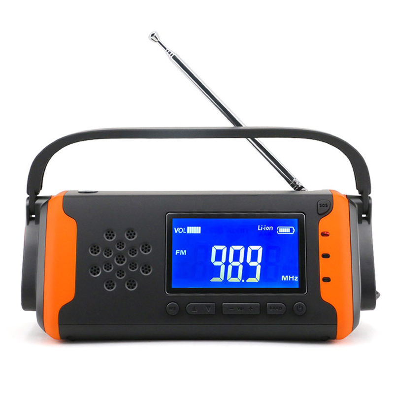Radio digitală digitală de urgență LCD, manivelă solară cu radio AM \/ FM NOAA cu lanternă LED, player muzical AUX-in, bancă de putere de 4000mAh pentru încărcător de telefon mobil și alarmă SOS